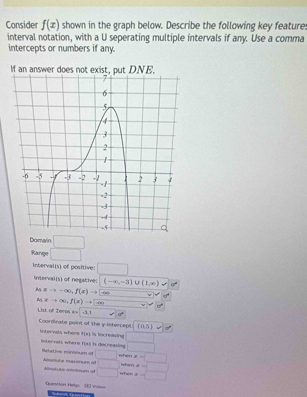 Consider f(x) shown in the graph below. Describe the following key features 
interval notation, with a U seperating multiple intervals if any. Use a comma 
intercepts or numbers if any. 
If an answer does not exist, put DNE. 
Domain □ 
Range □ 
Interval(s) of positive: □ 
Interval(s) of negative: (-∈fty ,-3)∪ (1,∈fty ) L sigma^6
As xto -∈fty , f(x)to -∈fty
sigma^4
As xto ∈fty ,f(x)to -∈fty  sigma^4
List of Zeros x=-3,1 surd sigma^4
Coordinate point of the y-intercept: (0,5) sigma^4
Intervals where f(x) is increasing □ 
Intervals where f(x) is decreasing □ 
Relative minimum of □ when x=□
Absolute maximum of □ when x=□
Absolute minimum of □ when x=□
Question Help: * Vídeo 
Submit Question