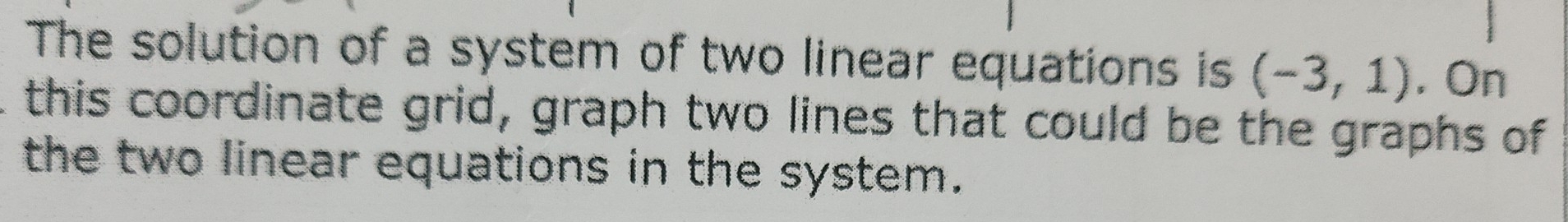 The solution of a system of two linear equations is (-3,1) 、 On 
this coordinate grid, graph two lines that could be the graphs of 
the two linear equations in the system.