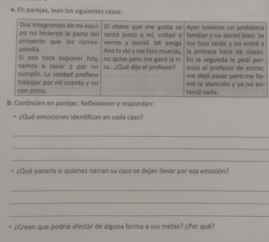 En parejas, lean los siguientes casos: 
. 
- 
, 
- 
- 
b. Continúen en parejas. Reflexionen y respondan: 
¿Qué emociones identifican en cada caso? 
_ 
_ 
_ 
¿Qué pasaría si quienes narran su caso se dejan llevar por esa emoción? 
_ 
_ 
_ 
¿Creen que podría afectar de alguna forma a sus metas? ¿Por qué?