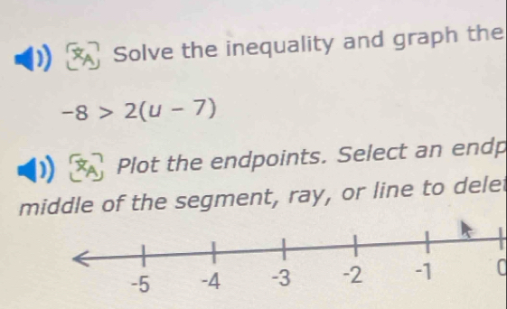 Solve the inequality and graph the
-8>2(u-7)
Plot the endpoints. Select an endp 
middle of the segment, ray, or line to delet 
C