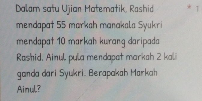 Dalam satu Ujian Matematik, Rashid * 1 
mendapat 55 markah manakala Syukri 
mendapat 10 markah kurang daripada 
Rashid. Ainul pula mendapat markah 2 kali 
ganda dari Syukri. Berapakah Markah 
Ainul?