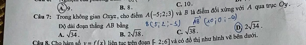 A.)9. B. 8. C. 10 .
Câu 7: Trong không gian Oxyz, cho điểm A(-5;2;3) và B là điểm đối xứng với A qua trục Oy .
Độ dài đoạn thẳng AB bằng
D 2sqrt(34).
A. sqrt(34). B. 2sqrt(38).
C. sqrt(38). 
Câu 8. Cho hàm số v=f(x) liên tuc trên đoạn [-2;6] và có đồ thị như hình vẽ bên dưới.