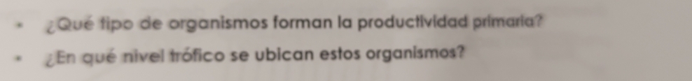 ¿Qué tipo de organismos forman la productividad primaria? 
¿En qué nivel trófico se ubican estos organismos?