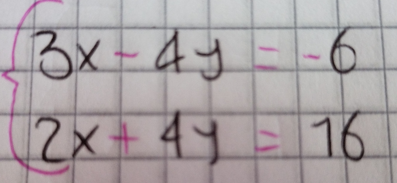 3 x-4 y=-6
2 x+4 y=16