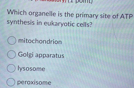 Which organelle is the primary site of ATP
synthesis in eukaryotic cells?
mitochondrion
Golgi apparatus
lysosome
peroxisome