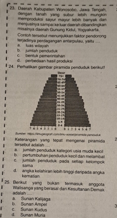 Daerah Kabupaten Wonosobo, Jawa Tengah,
dengan tanah yang subur lebih mungkin 
memproduksi sayur mayur lebih banyak dan 
menjualnya sampai ke luar daerah dibandingkan
misalnya daerah Gunung Kidul, Yogyakarta.
Contoh tersebut menunjukkan faktor pendorong
terjadinya perdagangan antarpulau, yaitu ....
a. luas wilayah
b. jumlah penduduk
c. bentuk pemerintahan
d. perbedaan hasil produks
24. Perhatikan gambar piramida penduduk berikut!
  
Sumber: h0ps illmugeografi conilmu-sosakpiramida-penduduk
tersebut adaiah Keterangan yang tepat mengenai piramida
a jumlah penduduk kategori usia muda keci
b. pertumbuhan penduduk kecil dan melambat
c. jumlah penduduk pada setiap kelompok
sama
d. angka kelahiran lebih tinggi daripada angka
kematian
25. Berikut yang bukan termasuk anggota
Walisanga yang berasal dari Kesultanan Demak
adalah ....
a. Sunan Kalijaga
b. Sunan Ampel 3
c. Sunan Kudus
d. Sunan Muria