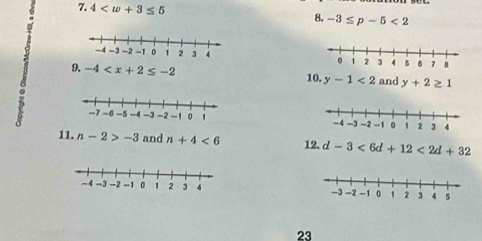 4 -3≤ p-5<2</tex> 
8. 
5 

。 9. -4
10. y-1<2</tex> and y+2≥ 1

11. n-2>-3 and n+4<6</tex> 12. d-3<6d+12<2d+32

23