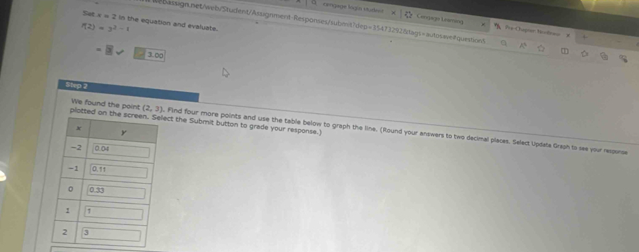 cengage logín student Cengage Learning  Pre-Chapser Nontrew
Set x=2 In the equation and evaluate.
Webassign.net/web/Student/Assignment-Responses/submit?dep=35473292&tags=autosave#question5
f(2)=3^(2-1)
3.00
Step 2
plotted on ct the Submit button to grade your response.)
We found the point (2,3). Find four more points and use the table below to graph the line. (Round your answers to two decimal places. Select Update Graph to see your response