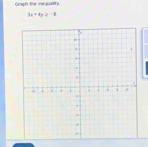 Graph the inequality.
3x+4y≥ -8