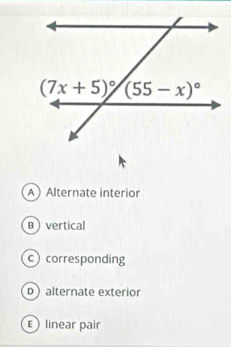 AAlternate interior
Bvertical
ccorresponding
Dalternate exterior
E linear pair