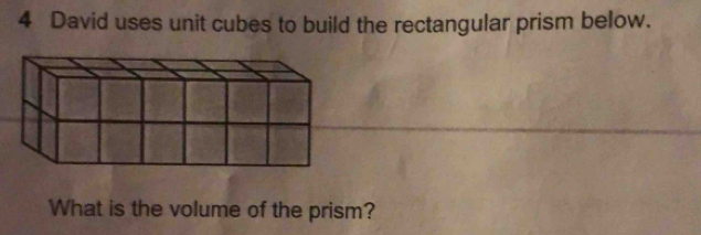 David uses unit cubes to build the rectangular prism below. 
What is the volume of the prism?