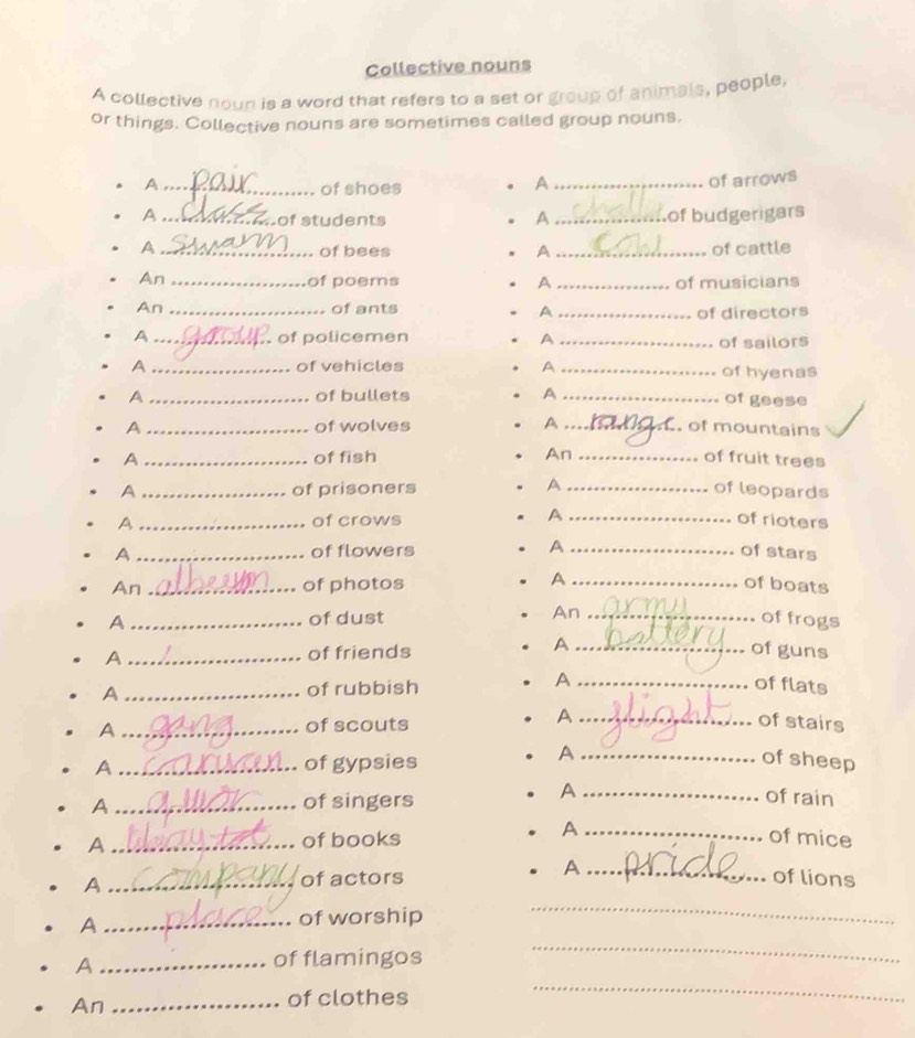 Collective nouns 
A collective noun is a word that refers to a set or group of animais, people, 
or things. Collective nouns are sometimes called group nouns. 
A _of shoes 
A _of arrows 
A _ of students A _of budgerigars 
A __of cattle 
of bees A 
An_ 
of poems A _of musicians 
An _of ants _of directors 
A 
A _of policemen A _of sailors 
A _of vehicles A _of hyenas 
A _of bullets A _of geese 
A _of wolves A _ of mountains 
A _of fish An _of fruit trees 
A _of prisoners A _of leopards 
A 
A _of crows _of rioters 
A 
A _of flowers _of stars 
A 
An _of photos _of boats 
A _of dust An_ 
offrogs 
A 
A _of friends _of guns 
A 
A _of rubbish _of flats 
A _of scouts 
_A 
of stairs 
A 
A _of gypsies _of sheep 
A_ of singers 
A _of rain 
_A 
_A 
of books of mice 
_A 
_ 
A _of actors of lions 
_A 
of worship 
_A 
of flamingos 
_ 
An_ 
of clothes 
_