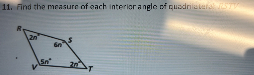 Find the measure of each interior angle of quadrilateral RSTV