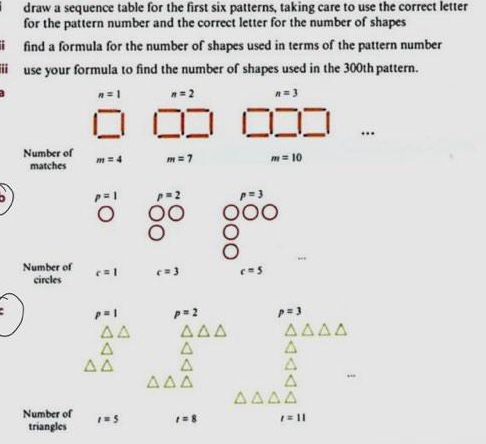 draw a sequence table for the first six patterns, taking care to use the correct letter 
for the pattern number and the correct letter for the number of shapes 
find a formula for the number of shapes used in terms of the pattern number 
iii use your formula to find the number of shapes used in the 300th pattern.
n=1 n=2 n=3
Number of m=4 m=7 m=10
matches
p=1 p=2 p=3
Number of c=1 c=3 c=5
circles
p=1 p=2 p=3
Number of t=5 t=8 t=11
triangles