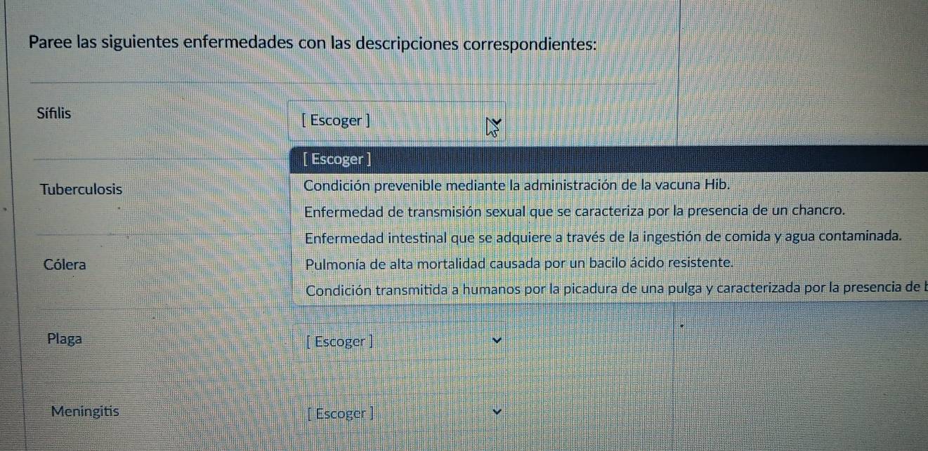 Paree las siguientes enfermedades con las descripciones correspondientes:
Sífılis [ Escoger ]
[ Escoger ]
Tuberculosis Condición prevenible mediante la administración de la vacuna Hib.
Enfermedad de transmisión sexual que se caracteriza por la presencia de un chancro.
Enfermedad intestinal que se adquiere a través de la ingestión de comida y agua contaminada.
Cólera Pulmonía de alta mortalidad causada por un bacilo ácido resistente.
Condición transmitida a humanos por la picadura de una pulga y caracterizada por la presencia de la
Plaga [ Escoger ]
Meningitis [ Escoger ]