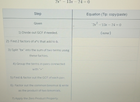 2x^2-13x-24=0
7) Apply the Zero Product Property.