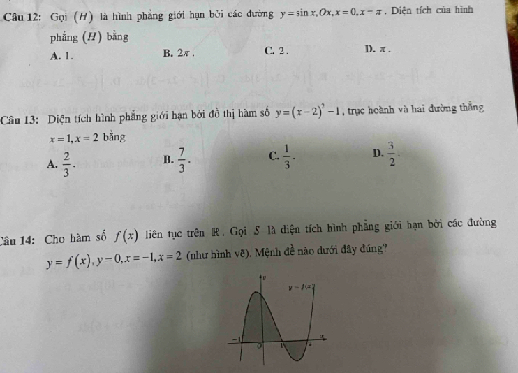 Gọi (H) là hình phẳng giới hạn bởi các đường y=sin x,Ox,x=0,x=π. Diện tích của hình
phẳng (H) bằng
A. 1. B. 2π . C. 2 . D. π.
Câu 13: Diện tích hình phẳng giới hạn bởi đồ thị hàm số y=(x-2)^2-1 , trục hoành và hai đường thǎng
x=1,x=2 bàng
C.
A.  2/3 .  7/3 .  1/3 . D.  3/2 .
B.
Câu 14: Cho hàm số f(x) liên tục trên R. Gọi S là diện tích hình phẳng giới hạn bởi các đường
y=f(x),y=0,x=-1,x=2 (như hình vẽ). Mệnh đề nào dưới đây đúng?