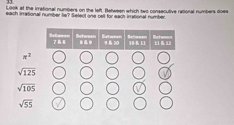 Look at the irrational numbers on the left. Between which two consecutive rational numbers does
each irrational number lie? Select one cell for each irrational number.