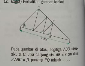 (29D) Perhatikan gambar berikut. 
Pada gambar di atas, segitiga ABC siku- 
siku di C. Jika panjang sisi AB=xcm dan
∠ ABC=beta panjang PQ adalah . . . .