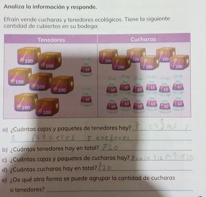 Analiza la información y responde. 
Efraín vende cucharas y tenedores ecológicos. Tiene la siguiente 
cantidad de cubiertos en su bodega: 
Tenedores Cucharas
100 100 100 B 100
100 100 100 100
10
100
100 100 10 10 10 10
10
10
10
10
100
10 10 10 10 10
100
a) ¿Cuántas cajas y paquetes de tenedores hay?_ 
_ 
b) ¿Cuántos tenedores hay en total?_ 
c) ¿Cuántas cajas y paquetes de cucharas hay?_ 
d) ¿Cuántas cucharas hay en total?_ 
e) ¿De qué otra forma se puede agrupar la cantidad de cucharas 
o tenedores?_