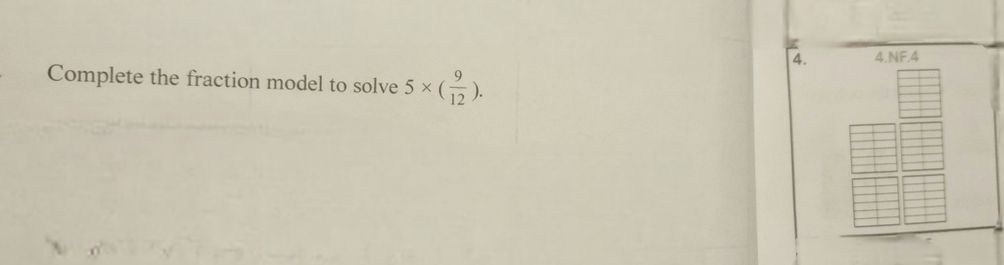 Complete the fraction model to solve 5* ( 9/12 ).