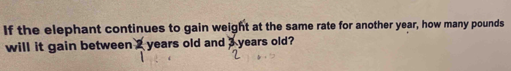 If the elephant continues to gain weight at the same rate for another year, how many pounds
will it gain between 2 years old and 3 years old?