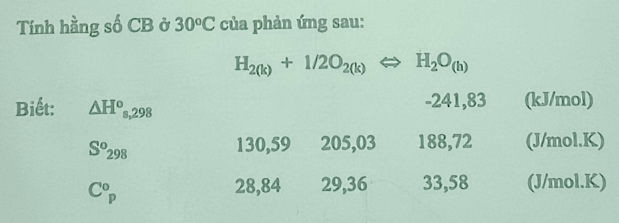 Tính hằng số CB ở 30^oC của phản ứng sau:
H_2(k)+1/2O_2(k)Leftrightarrow H_2O_(h)
Biết: △ H^o_s,298
-241,83 (kJ/mol)
S°_298
130,59 205,03 188,72 (J/mol.K)
C°_p
28,84 29, 36 33,58 (J/mol.K)