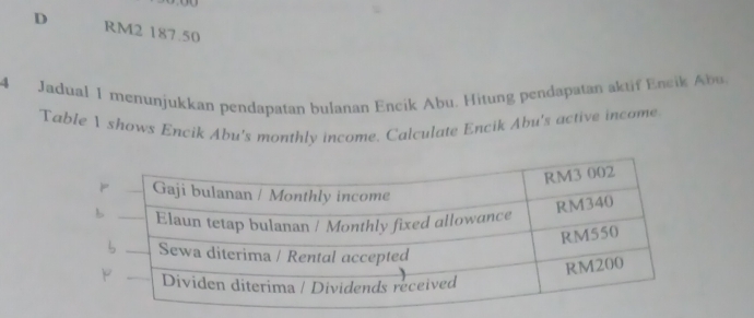 D RM2 187.50
4 Jadual 1 menunjukkan pendapatan bulanan Encik Abu. Hitung pendapatan aktif Encik Abu.
Table 1 shows Encik Abu's monthly income. Calculate Encik Abu's active income