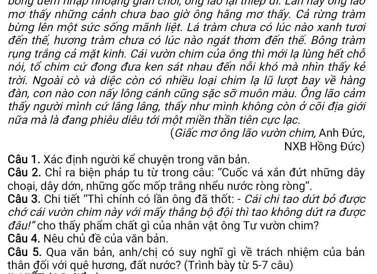 bong đem nhập nhoàng gian choi, ông lào lại thiếp di. Lan nay ông lào
mơ thấy những cảnh chưa bao giờ ông hằng mơ thấy. Cả rừng tràm
bừng lên một sức sống mãnh liệt. Lá tràm chưa có lúc nào xanh tươi
đến thế, hương tràm chưa có lúc nào ngát thơm đến thế. Bông tràm
rụng trắng cả mặt kinh. Cái vườn chim của ông thì mới lạ lùng hết chỗ
nói, tổ chim cứ đong đưa ken sát nhau đến nỗi khó mà nhìn thấy kẻ
trời. Ngoài cò và diệc còn có nhiều loại chim lạ lũ lượt bay về hàng
đàn, con nào con nấy lông cánh cũng sặc sỡ muôn màu. Ông lão cảm
thấy người mình cứ lâng lâng, thấy như mình không còn ở cối địa giới
nữa mà là đang phiêu diêu tới một miền thần tiên cực lạc.
(Giấc mơ ông lão vườn chim, Anh Đức,
NXB Hồng Đức)
Câu 1. Xác định người kể chuyện trong văn bản.
Câu 2. Chỉ ra biện pháp tu từ trong câu: "Cuốc vá xắn đứt những dây
choại, dây dớn, những gốc mốp trắng nhếu nước ròng ròng''.
Câu 3. Chi tiết 'Thì chính có lần ông đã thốt: - Cái chi tao dứt bỏ được
chớ cái vườn chim này với mấy thằng bộ đội thì tao không dứt ra được
đâu!"cho thấy phẩm chất gì của nhân vật ông Tư vườn chim?
Câu 4. Nêu chủ đề của văn bản.
Câu 5. Qua văn bản, anh/chị có suy nghĩ gì về trách nhiệm của bản
thân đối với quê hương, đất nước? (Trình bày từ 5-7 câu)