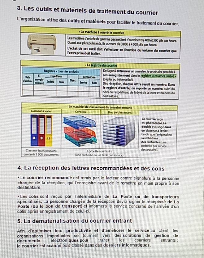 Les outils et matériels de traitement du courrier
L'organisation utilise des outils et matériels pour facililer le trailement du courrier.
- La machine à ouvrir le courrier
Les modèles d'entrée de gamme permettent d'ouvir entre 400 et 500 plis par heure.
Quant aux plus puissants, ils ouvrent de 3 000 à 4 000 plls par heure.
L'achat de cet outil doît s'effectuer en fonction du volume du courrier que
l'entreprise doit traiter.
« Le régistre du courrier
De façon à retrouver un courrier, le secétaire procècle à
Registre « courrier an ivé » son enregistrement dans le registre » courrier arrivé »
Legédi teor Dectinataire papier ou infornatisé
Batn crry Cbje t Service Kom Dès réception, chaque lettre reçoit un numéro. Dans
C'ambrée te mret
Socie ti Nom
le registre d'entrée, on reporte ce numéro, suivi du
nom de l'expéditeur, de l'objet de la lettre et du nom du
dest inataire.
4. La réception des lettres recommandées et des colis
Le courrier recommandé est remis par le facteur contre signature à la personne
chargée de la réception, qui l'enregistre avant de le remettre en main propre à son
destinataire
* Les colis sont reçus par l'intermédiaire de La Poste ou de transporteurs
spécialisés. La personne chargée de la réception devra signer le récépissé de La
Poste (ou le bon de transport) et informera le service concerné de l'arivée d'un
colis après enregistrement de celui-cì.
5. La dématérialisation du courrier entrant
Afn d'optimiser leur productivité et d'améliorer le service au client, les
organisations importantes  se toument vers des solutions de gestion de
documents électroniques pour  traîter les courriers entrants .
le courrier est scanné puis classé dans des dossiers informatiques.