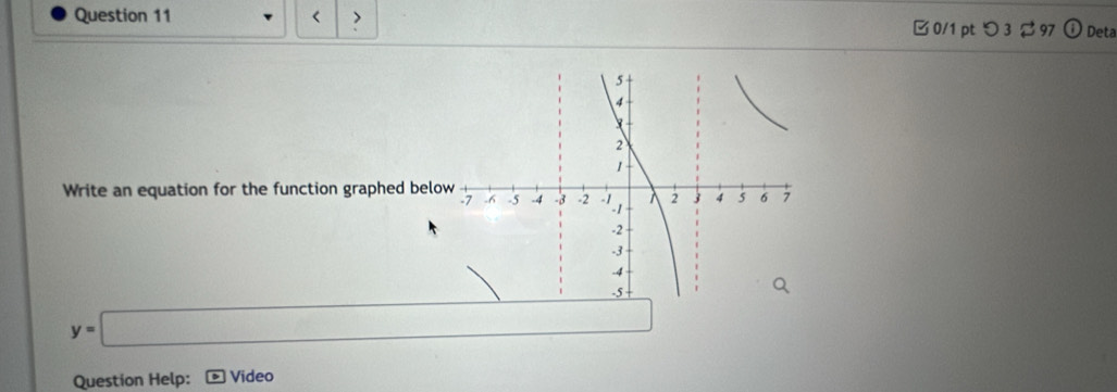 < > 0/1 ptつ 3 97 a Deta 
Write an equation for the function graphed belo
y=□
Question Help: Video