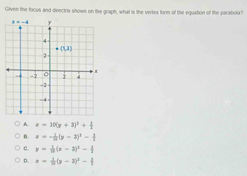 Given the focus and directrix shown on the graph, what is the vertex form of the equation of the parabola?
A. x=10(y+3)^2+ 3/2 
B. x=- 1/10 (y-3)^2- 3/2 
C. y= 1/10 (x-3)^2- 3/2 
D. x= 1/10 (y-3)^2- 3/2 