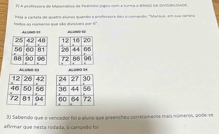 A professora de Matemática de Pedrinho jogou com a turma o BINGO DA DIVISIBILIDADE. 
Veja a cartela de quatro alunos quando a professora deu o comando: “Marque, em sua cartela 
todos os números que são divisíveis por 6''
ALUNO 01 ALUNO 02

ALUNO 03 ALUNO 04

3) Sabendo que o vencedor foi o aluno que preencheu corretamente mais números, pode-se 
afirmar que nesta rodada, o campeão foi