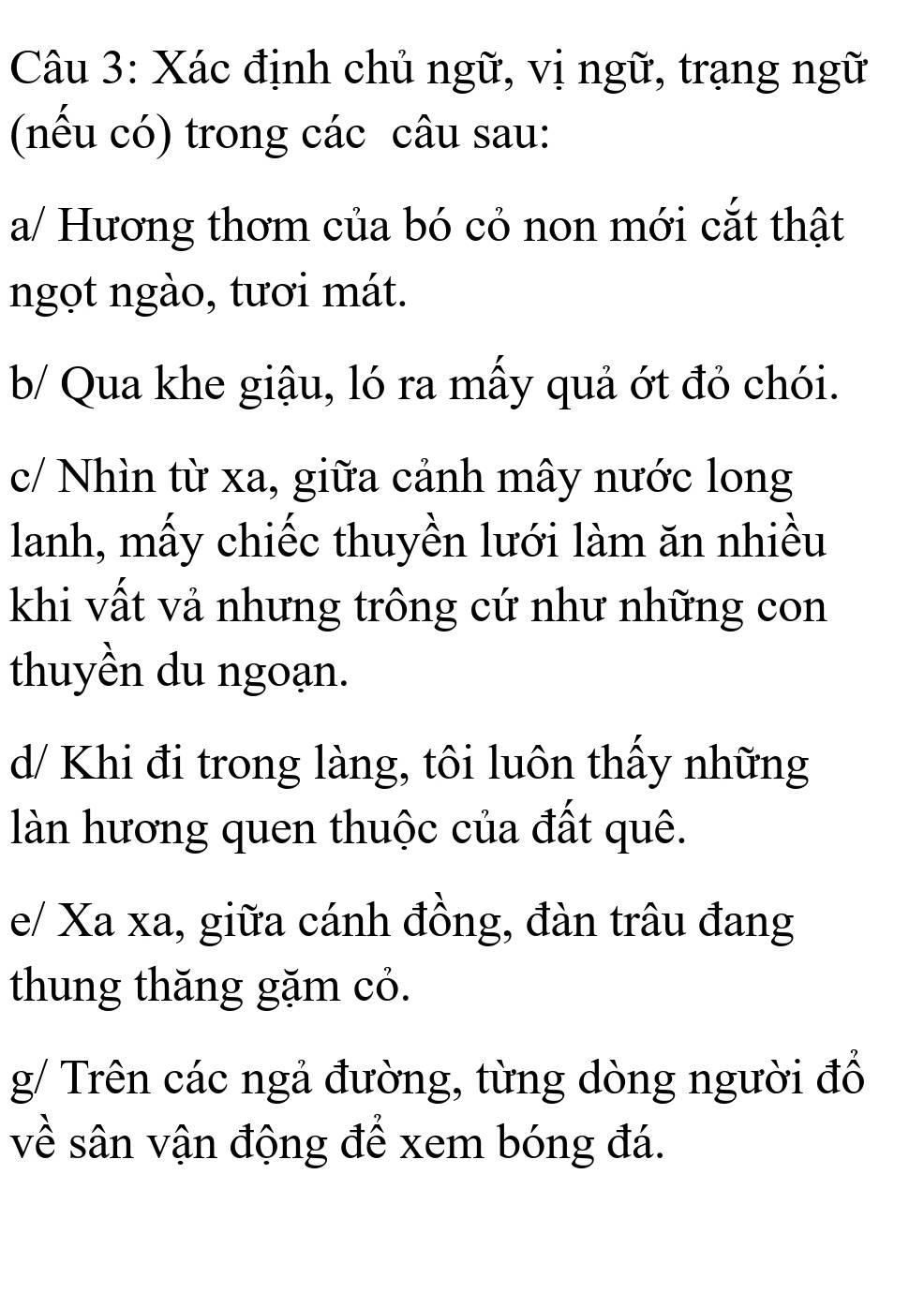 Xác định chủ ngữ, vị ngữ, trạng ngữ 
(nếu có) trong các câu sau: 
a/ Hương thơm của bó cỏ non mới cắt thật 
ngọt ngào, tươi mát. 
b/ Qua khe giậu, ló ra mấy quả ớt đỏ chói. 
c/ Nhìn từ xa, giữa cảnh mây nước long 
lanh, mấy chiếc thuyền lưới làm ăn nhiều 
khi vất vả nhưng trông cứ như những con 
thuyền du ngoạn. 
d/ Khi đi trong làng, tôi luôn thấy những 
làn hương quen thuộc của đất quê. 
e/ Xa xa, giữa cánh đồng, đàn trâu đang 
thung thăng gặm có. 
g/ Trên các ngả đường, từng dòng người đổ 
về sân vận động để xem bóng đá.