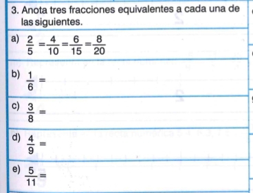 Anota tres fracciones equivalentes a cada una de