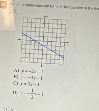 Write the slope-intercept form of the equation of the line
3)
A) y=-2x-1
B) y=-3x-1
C) y=3x-1
D) y=- 1/2 x-1
A) A