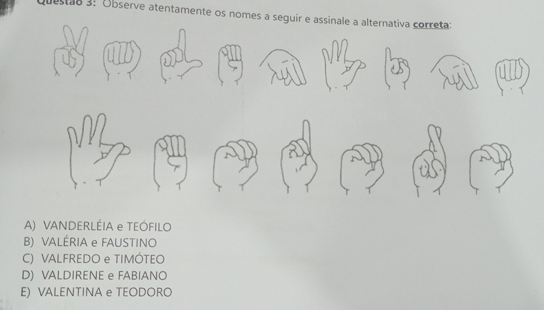 Observe atentamente os nomes a seguir e assinale a alternativa correta:
A) VANDERLÉIA e TEÓFILO
B) VALÉRIA e FAUSTINO
C) VALFREDO e TIMÓTEO
D) VALDIRENE e FABIANO
E) VALENTINA e TEODORO