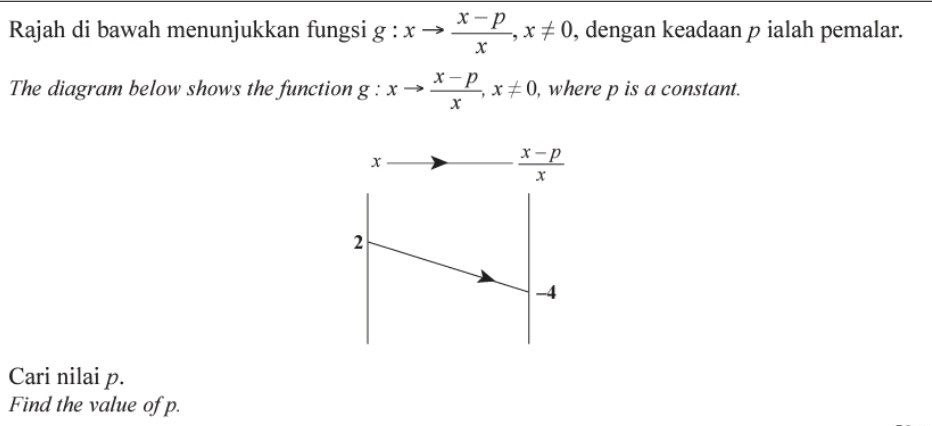 Rajah di bawah menunjukkan fungsi g:xto  (x-p)/x , x!= 0 , dengan keadaan p ialah pemalar.
The diagram below shows the function g:xto  (x-p)/x , x!= 0 , where p is a constant.
x
 (x-p)/x 
2
-4
Cari nilai p.
Find the value of p.