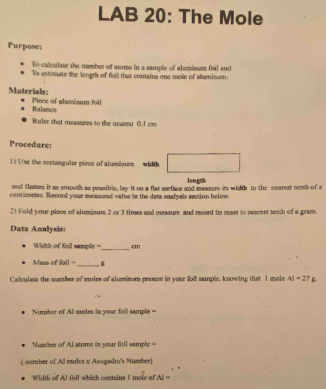 Solved: LAB 20: The Mole Purpose: To calculate the number of atoms in a ...