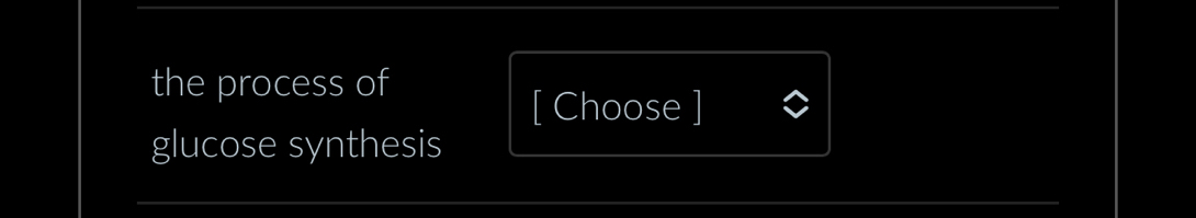 the process of 
[ Choose ] 
glucose synthesis