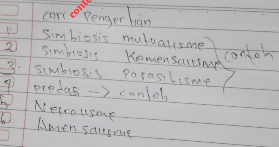 can penger hàn
1 Simbiosis mutualisme
2 Simblosis Kemensallsme
conloh
3. simblosis parasitisme
9 predas-> conloh
b Netrollsme
6 Amen sacesme