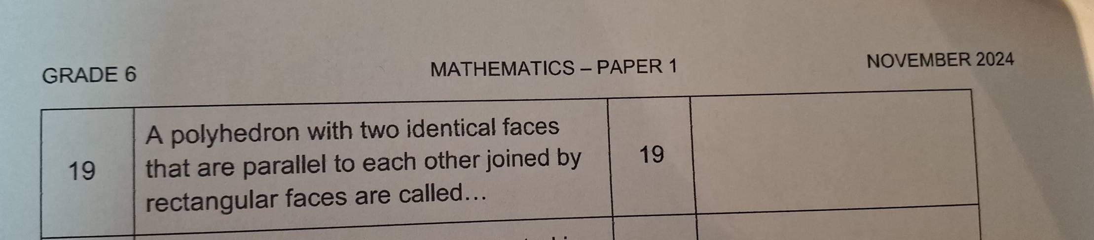 GRADE 6 MATHEMATICS - PAPER 1 NOVEMBER 2024