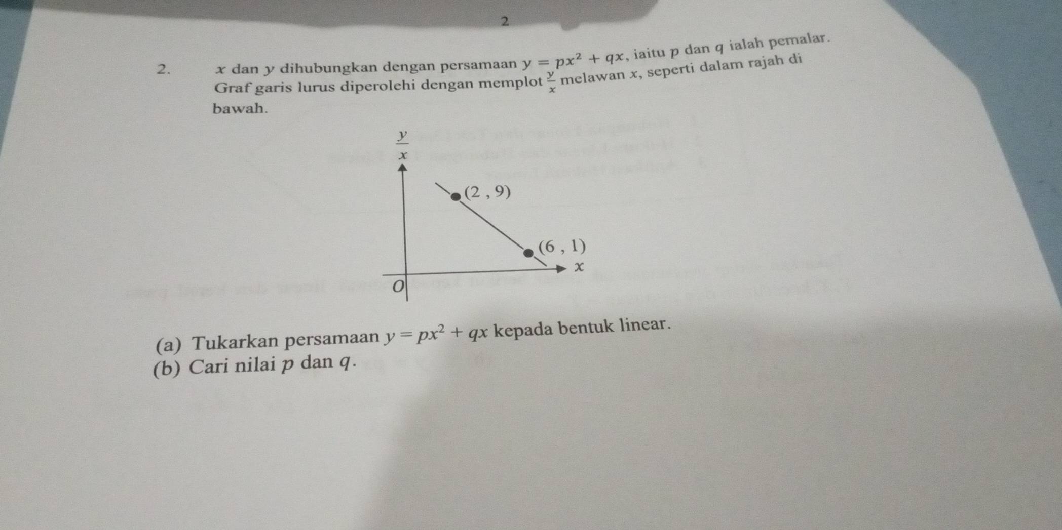 2
2. x dan y dihubungkan dengan persamaan y=px^2+qx , iaitu p dan q ialah pemalar.
Graf garis lurus diperolehi dengan memplot  y/x  melawan x, seperti dalam rajah di
bawah.
(a) Tukarkan persamaan y=px^2+qx kepada bentuk linear.
(b) Cari nilai p dan q.