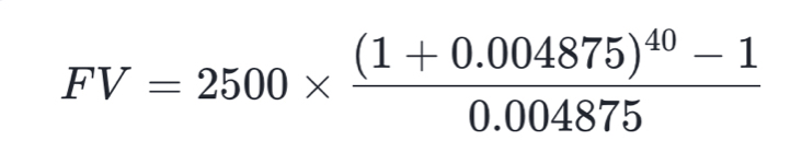 FV=2500* frac (1+0.004875)^40-10.004875