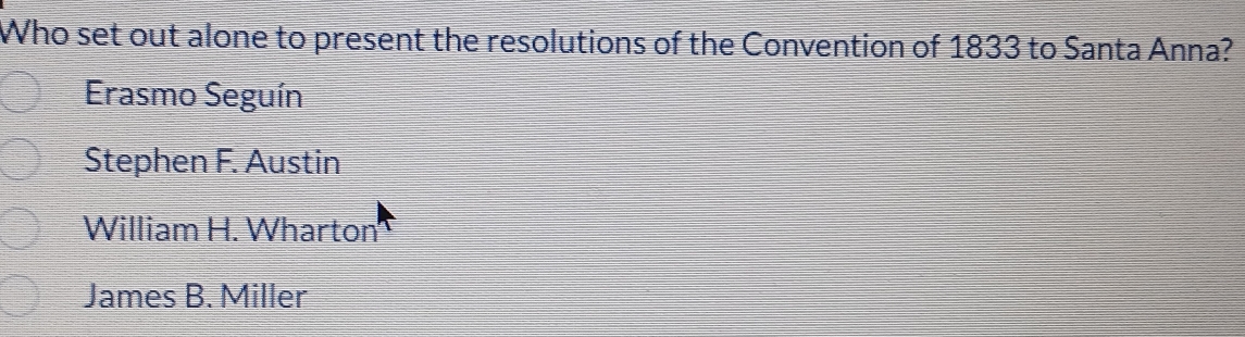 Who set out alone to present the resolutions of the Convention of 1833 to Santa Anna?
Erasmo Seguín
Stephen F. Austin
William H. Wharton
James B. Miller