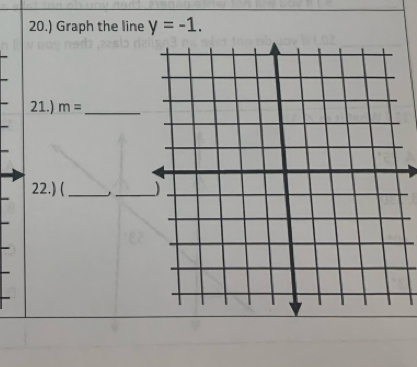 20.) Graph the line y=-1. 
21.) m= _ 
22.) (_ , _