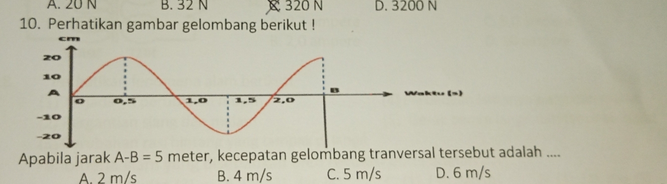 A. 20 N B. 32 N C 320 N D. 3200 N
10. Perhatikan gambar gelombang berikut !
Apabila jarak A-B=5 meter, kecepatan gelombang tranversal tersebut adalah ....
A. 2 m/s B. 4 m/s C. 5 m/s D. 6 m/s