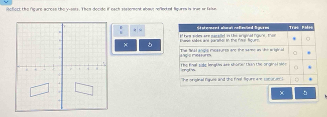 Reflect the figure across the y-axis. Then decide if each statement about reflected figures is true or false.
 R/B  True False
R A
Statement about reflected figures
If two sides are parallel in the original figure, then
those sides are parallel in the final figure.
5
The final angle measures are the same as the original
angle measures.
lengths. The final side lengths are shorter than the original side
The orioinal figure and the final figure are congruent
×