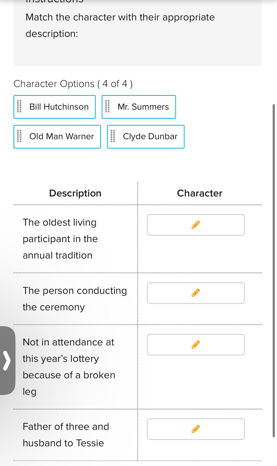 Solved: Match the character with their appropriate description ...