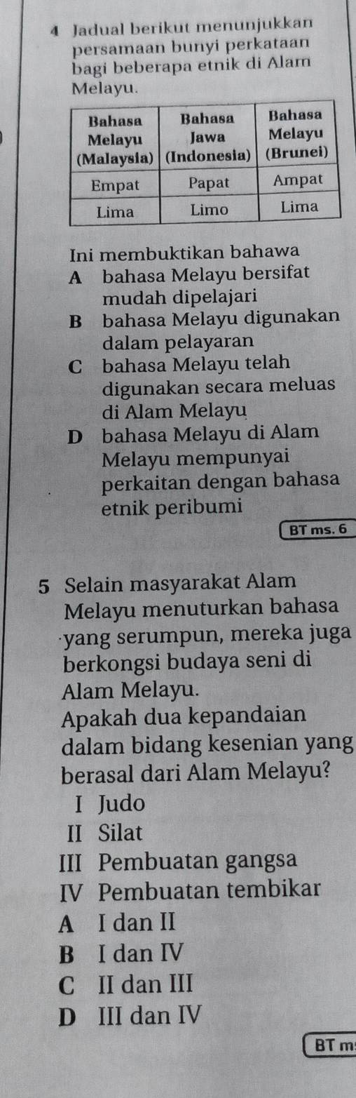 Jadual berikut menunjukkan
persamaan bunyi perkataan
bagi beberapa etnik di Alam
Melayu.
Ini membuktikan bahawa
A bahasa Melayu bersifat
mudah dipelajari
B bahasa Melayu digunakan
dalam pelayaran
C bahasa Melayu telah
digunakan secara meluas
di Alam Melayu
D bahasa Melayu di Alam
Melayu mempunyai
perkaitan dengan bahasa
etnik peribumi
BT ms. 6
5 Selain masyarakat Alam
Melayu menuturkan bahasa
·yang serumpun, mereka juga
berkongsi budaya seni di
Alam Melayu.
Apakah dua kepandaian
dalam bidang kesenian yang
berasal dari Alam Melayu?
I Judo
II Silat
III Pembuatan gangsa
IV Pembuatan tembikar
A I dan II
B I dan ⅣV
C II dan III
D III dan IV
BT m